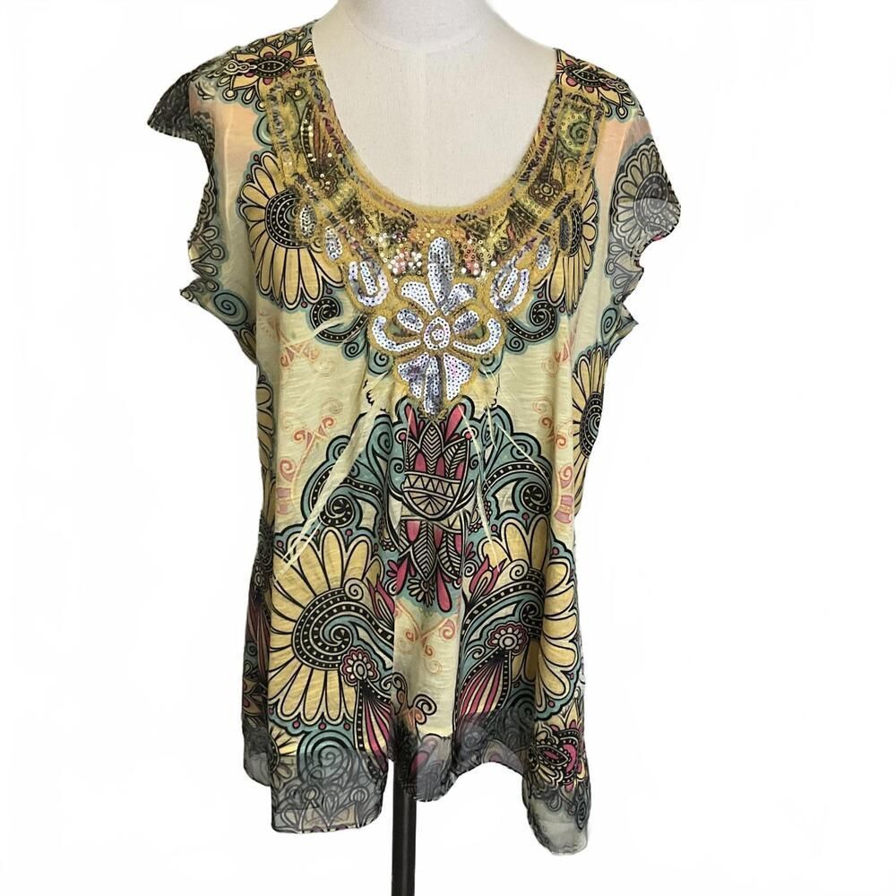 Live and Let Live Women's XL Yellow Printed BOHO Tunic Sleeveless top